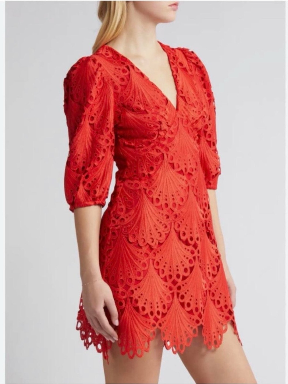 Adelyn Rae Red Eyelet V-Neck Mini Dress